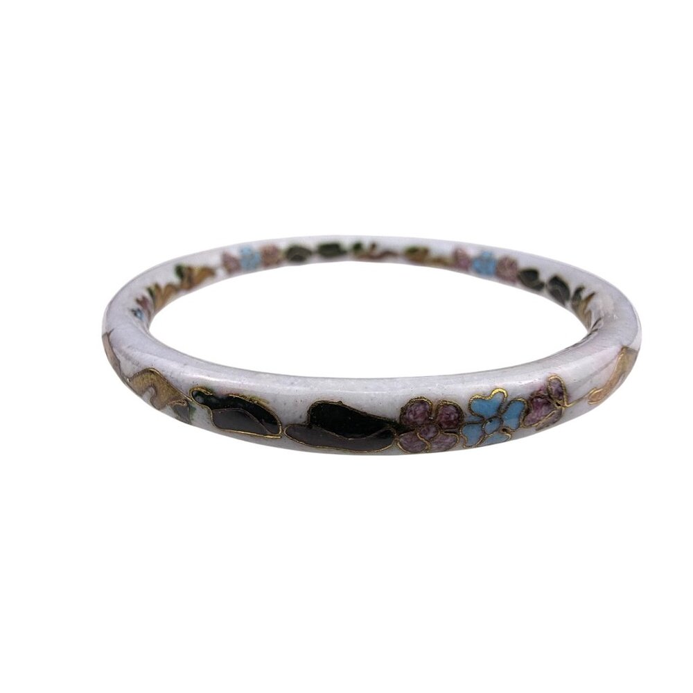 White Cloisonné Enamel Women’s Floral Bangle Bracelet Vintage Handmade Jewelry
